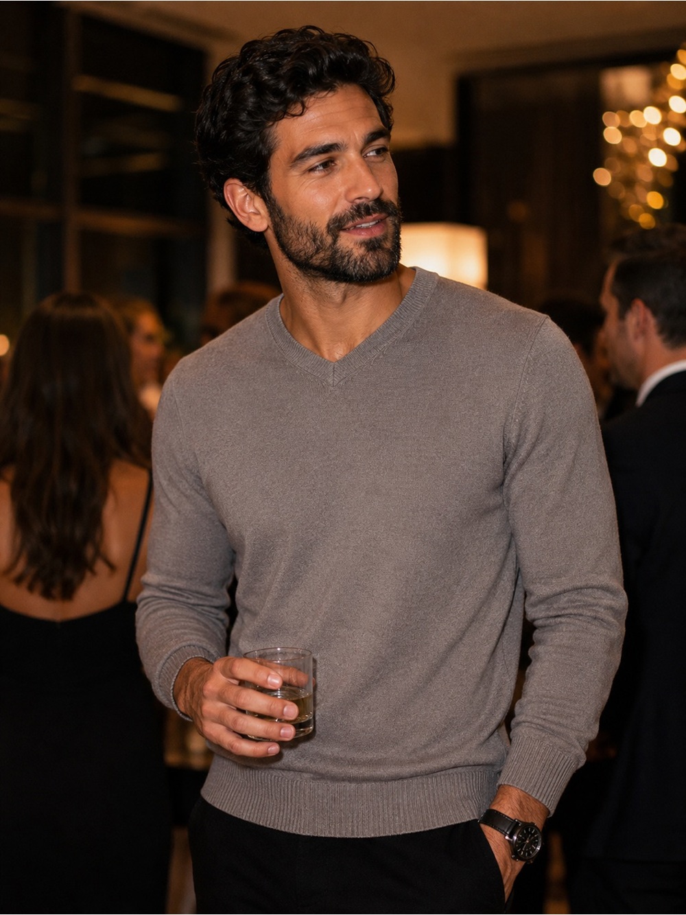 Elegant Men's V-Neck Sweater in Gray. Size S